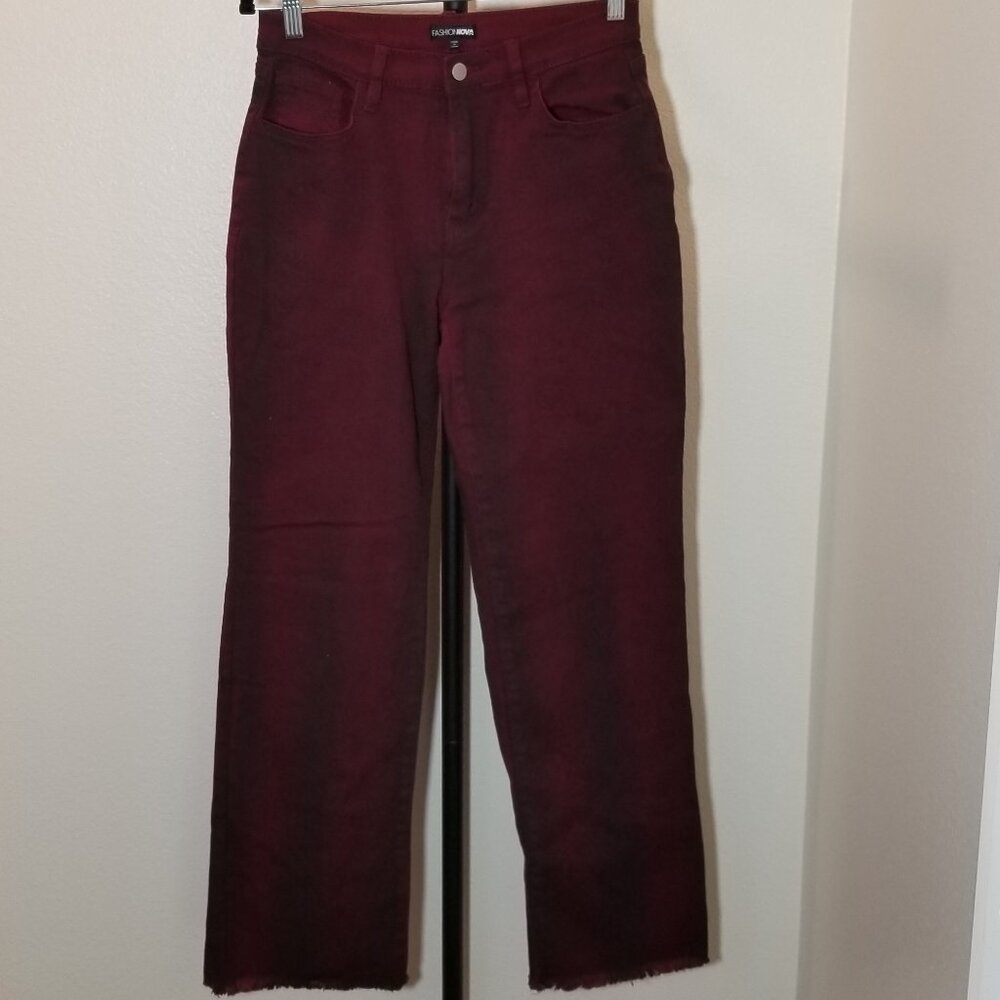 Fashion Nova Wide Leg Baggy Raw Hem Womens M Burgundy Black Stone Wash Retro NWT
